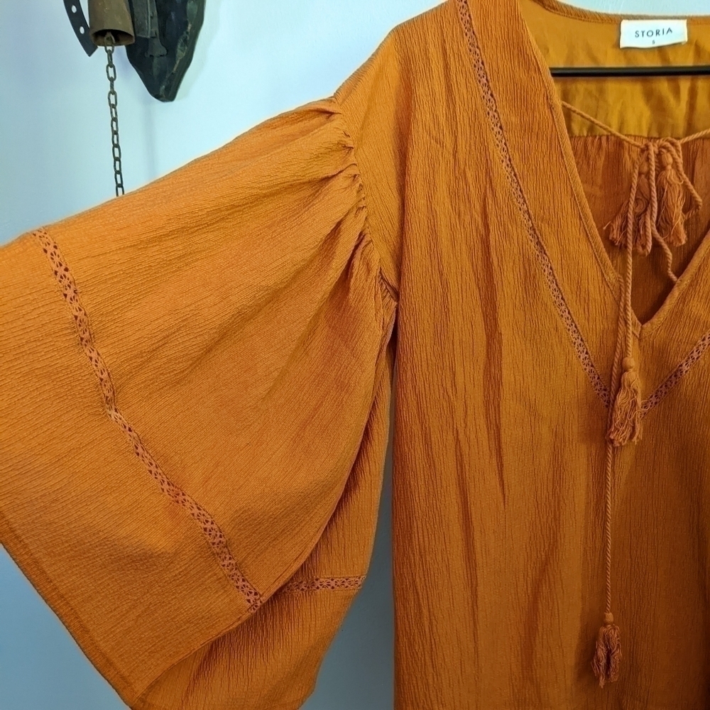 Storia Boho Dress Rust Orange Tassells Oversized Bell Sleeves Small Beautiful!!! - Picture 2 of 10